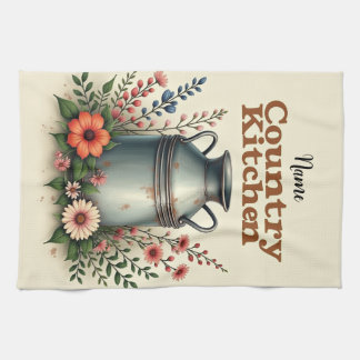 Rustic Farmhouse Tea Towel with Milk Can & Flowers