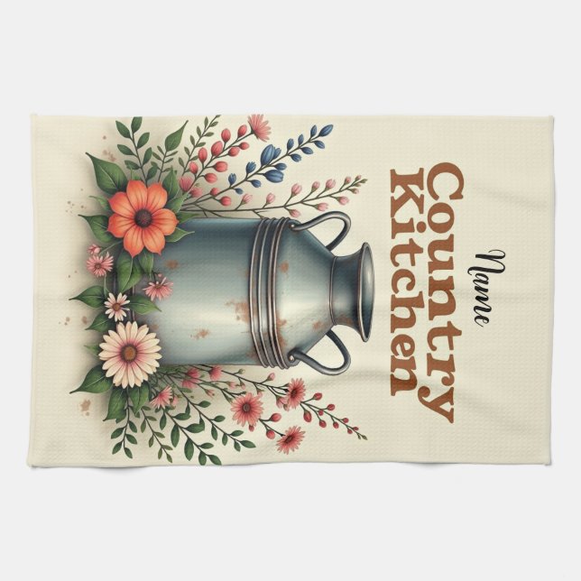 Rustic Farmhouse Tea Towel with Milk Can & Flowers (Horizontal)