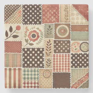 Rustic Farmhouse Terracotta Patchwork Quilt Floral Stone Coaster