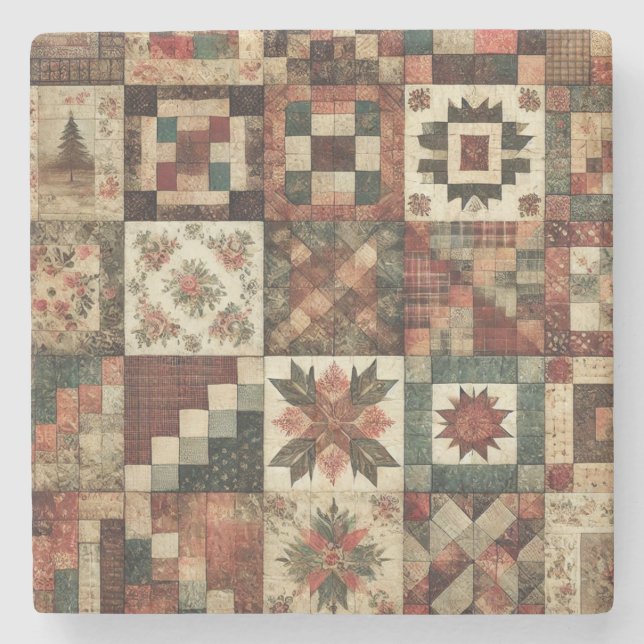 Rustic Farmhouse Terracotta Patchwork Quilt Floral Stone Coaster (Front)