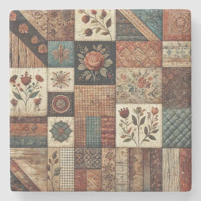 Rustic Farmhouse Terracotta Patchwork Quilt Floral Stone Coaster (Front)