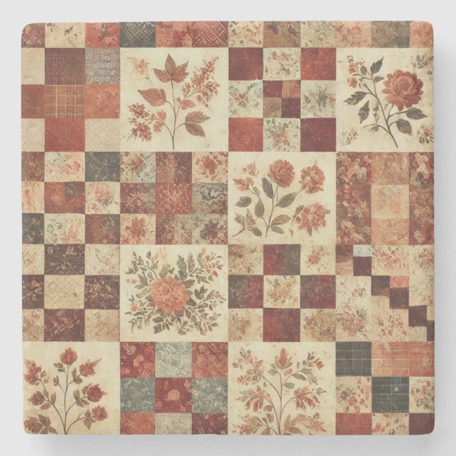 Rustic Farmhouse Terracotta Patchwork Quilt Floral Stone Coaster (Front)