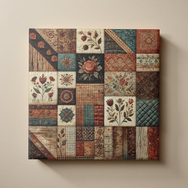 Rustic Farmhouse Terracotta Quilt Patchwork Floral Ceramic Tile (Creator Uploaded)