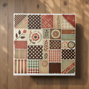 Rustic Farmhouse Terracotta Quilt Patchwork Floral Ceramic Tile