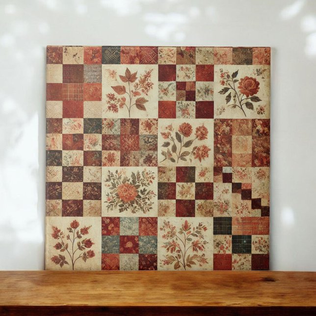 Rustic Farmhouse Terracotta Quilt Patchwork Floral Ceramic Tile (Creator Uploaded)