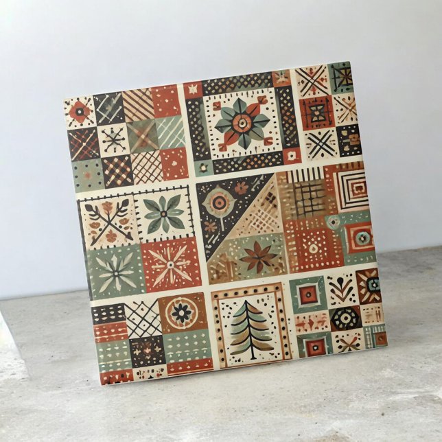 Rustic Farmhouse Terracotta Quilt Patchwork Floral Ceramic Tile (Creator Uploaded)