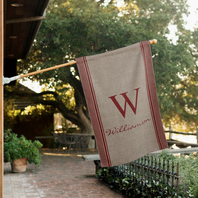 Rustic Farmhouse Ticking Monogram Family Name  House Flag (In SItu)