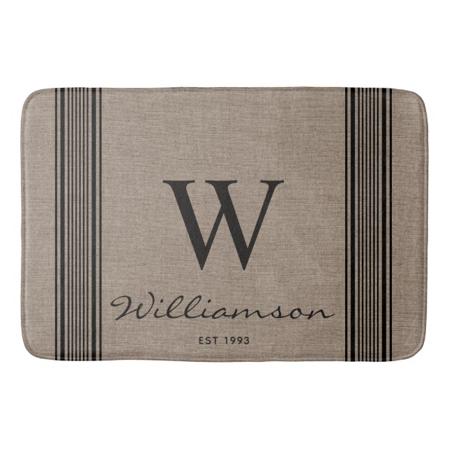 Rustic Farmhouse Ticking Stripe Burlap Monogram  Bath Mat (Front)