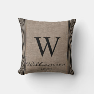 Rustic Farmhouse Ticking Stripe Burlap Monogram Throw Pillow