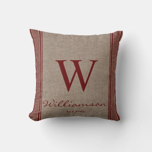 Rustic Farmhouse Ticking Stripe Burlap Monogram  Throw Pillow