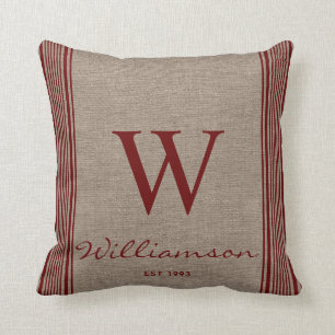 Rustic Farmhouse Ticking Stripe Burlap Monogram  Throw Pillow