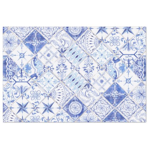 Rustic Farmhouse Tile Blue White Pattern Decoupage Tissue Paper