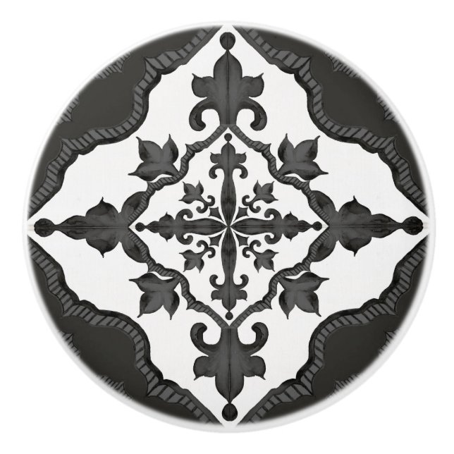 Rustic Farmhouse Tile Pattern Black White Decor Ceramic Knob (Front)