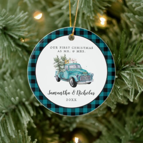 Rustic Farmhouse Truck  First Christmas Mr  Mrs Ceramic Ornament