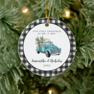Rustic Farmhouse Truck First Christmas Mr & Mrs Ceramic Ornament