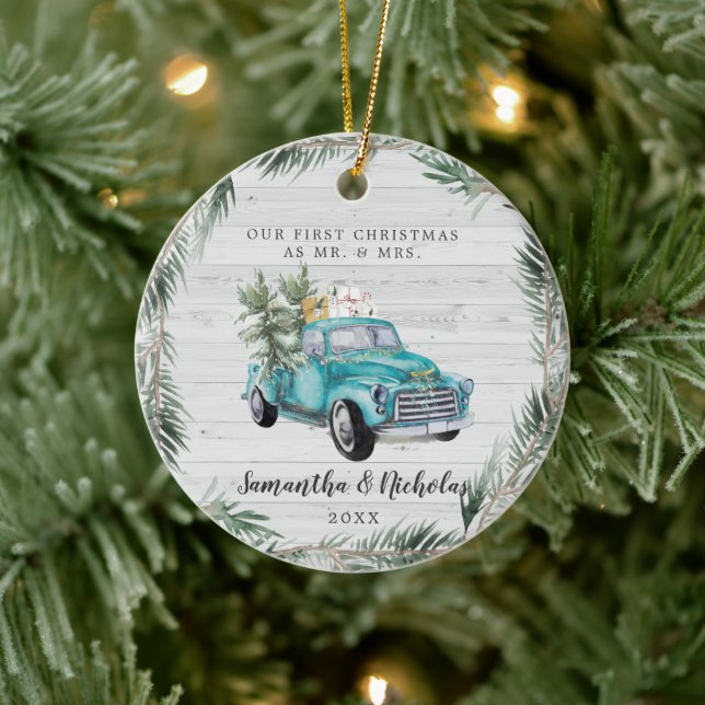 Rustic Farmhouse Truck | First Christmas Mr & Mrs Ceramic Ornament (Tree)