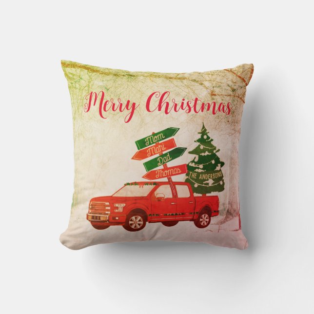 Rustic Farmhouse Vintage Red Truck Christmas Throw Pillow (Front)