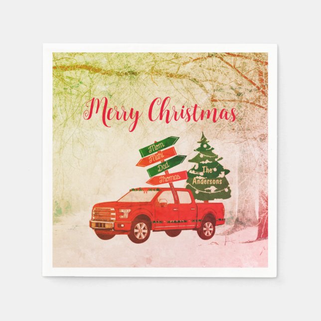 Rustic Farmhouse Vintage Red Truck Merry Christmas Napkins (Front)