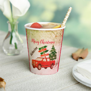 Rustic Farmhouse Vintage Red Truck Merry Christmas Paper Cups