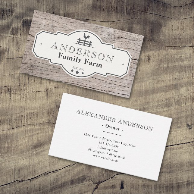 Rustic Farmhouse Vintage Wood Background Farm Logo Business Card (Rustic Vintage Label Border Family Farm Business Card)