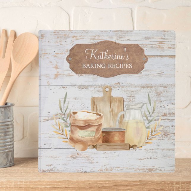 Rustic Farmhouse Watercolor Baking Supplies Recipe 3 Ring Binder (In situ)