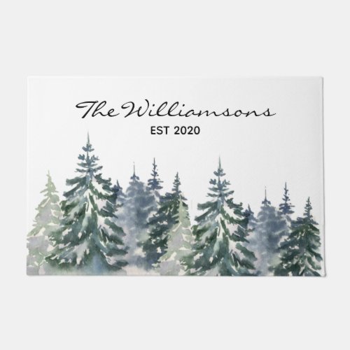 Rustic Farmhouse Watercolor Forest Family Name Doormat