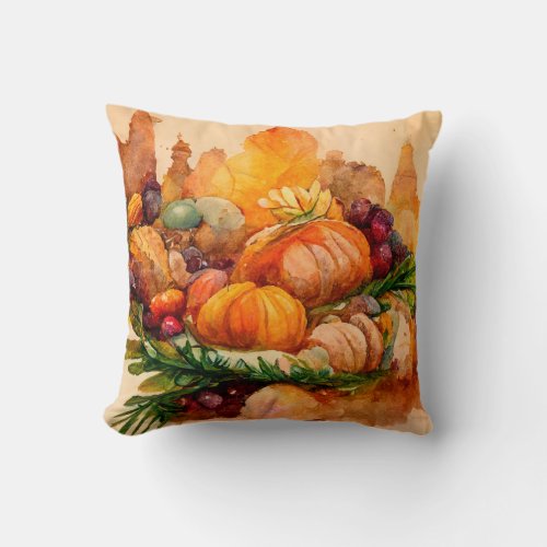 Rustic Farmhouse Watercolor Pumpkins Harvest Fall Throw Pillow