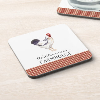 Rustic Farmhouse Watercolor Rooster Family Name  Beverage Coaster