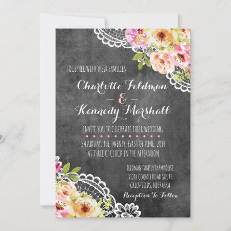 Rustic Farmhouse Wedding Roses & Lace Invitation