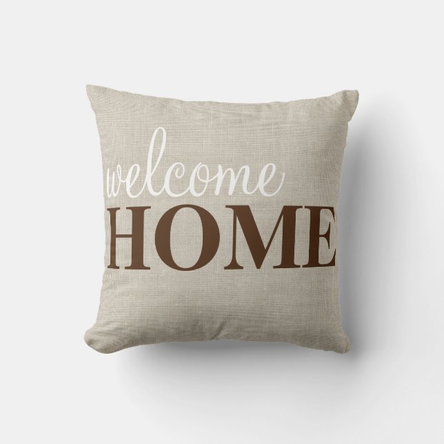 Rustic Farmhouse Welcome Home Faux Burlap Throw Pillow (Front)