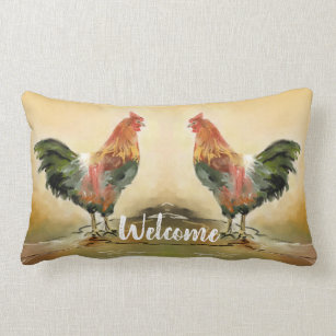 Rustic Farmhouse Welcome Rooster Lumbar Pillow