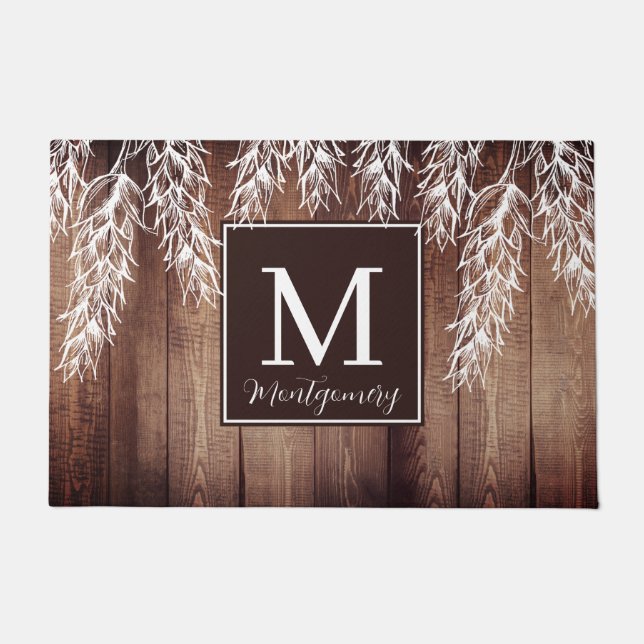 Rustic Farmhouse Wheat Stalks Barn Wood Monogram Doormat (Front)