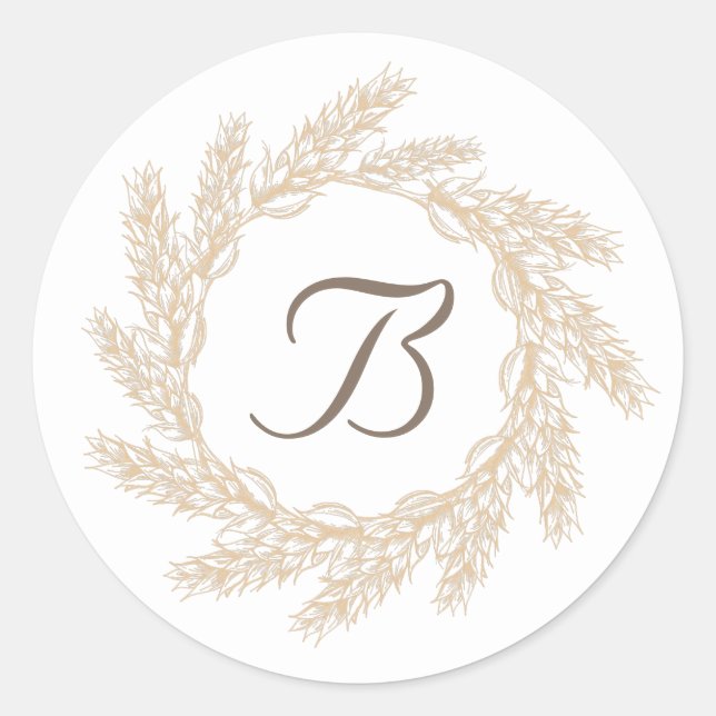 Rustic Farmhouse Wheat Wreath | Monogram Classic Round Sticker (Front)