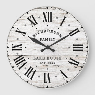 Rustic Farmhouse White Barn Wood Personalized Name Large Clock