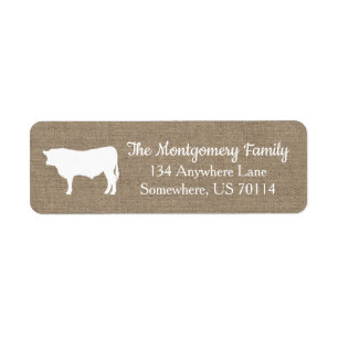 Rustic Farmhouse White Bull Cow & Faux Burlap Label
