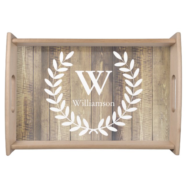 Rustic Farmhouse White Country Laurels Family Name Serving Tray (Front)
