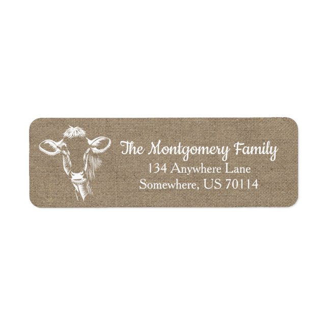 Rustic Farmhouse White Cow Faux Burlap Label (Front)