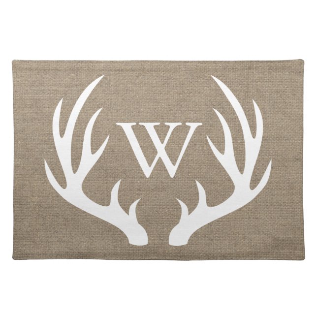 Rustic Farmhouse White Deer Antlers & Faux Burlap Cloth Placemat (Front)