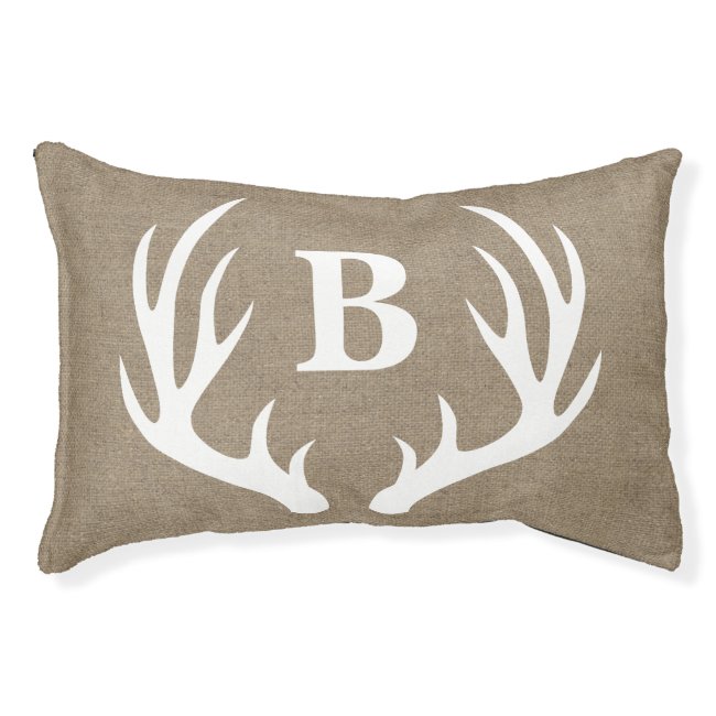 Rustic Farmhouse White Deer Antlers Faux Burlap Pet Bed