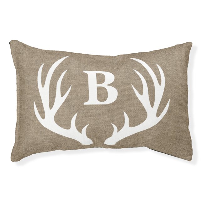 Rustic Farmhouse White Deer Antlers Faux Burlap Pet Bed (Front)