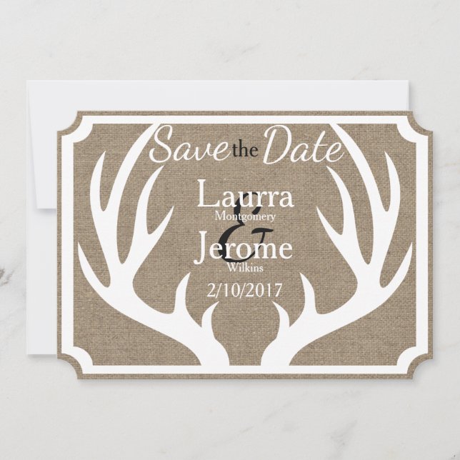 Rustic Farmhouse White Deer Antlers Save the Date (Front)