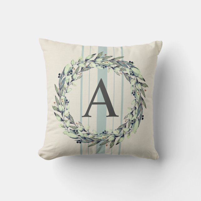 Rustic  Farmhouse Winter Monogram Initial Wreath Throw Pillow (Front)