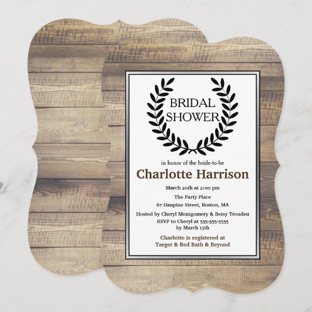 Rustic Farmhouse Wood Black Laurels Bridal Shower Invitation (Front/Back)