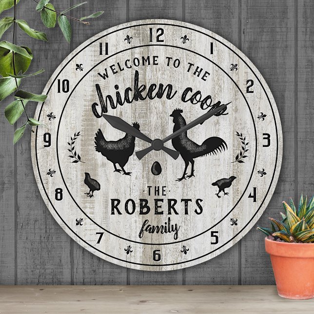 Rustic Farmhouse Wood Chicken Coop Custom Name Round Clock (Creator Uploaded)
