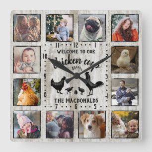 Rustic Farmhouse Wood Chicken Coop Photo Collage Square Wall Clock