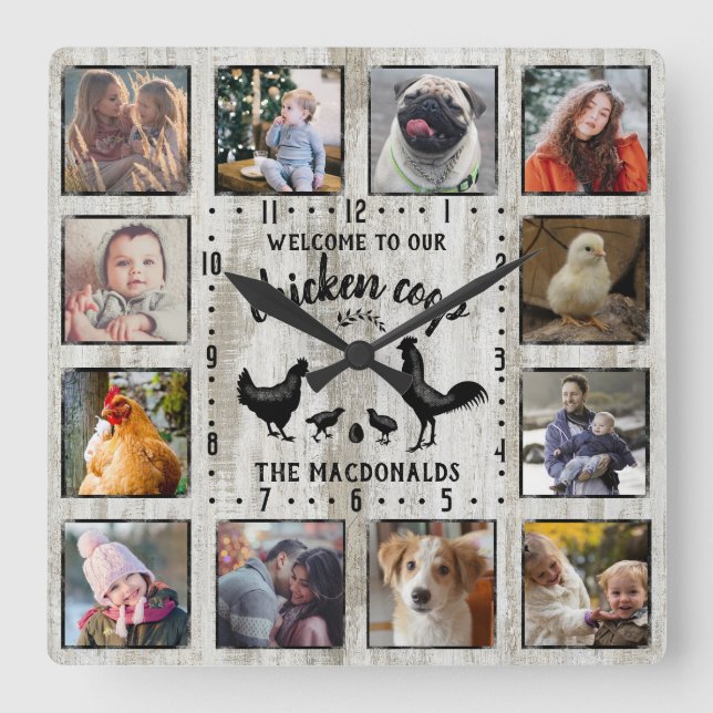 Rustic Farmhouse Wood Chicken Coop Photo Collage Square Wall Clock (Front)