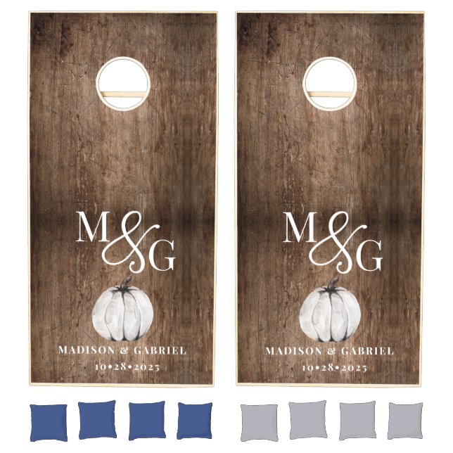 Rustic Farmhouse Wood Couple Monogram Fall Wedding Cornhole Set (Set)