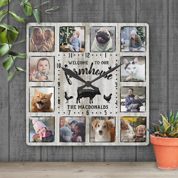 Rustic Farmhouse Wood Cow 12 Family Photo Collage Square Wall Clock by PictureCollage at Zazzle