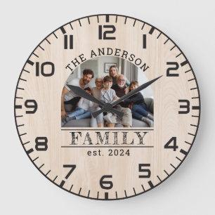 Rustic Farmhouse Wood Custom Photo & Family Name Large Clock