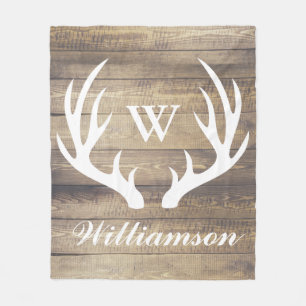 Rustic Farmhouse Wood Deer Antlers Family Name Fleece Blanket